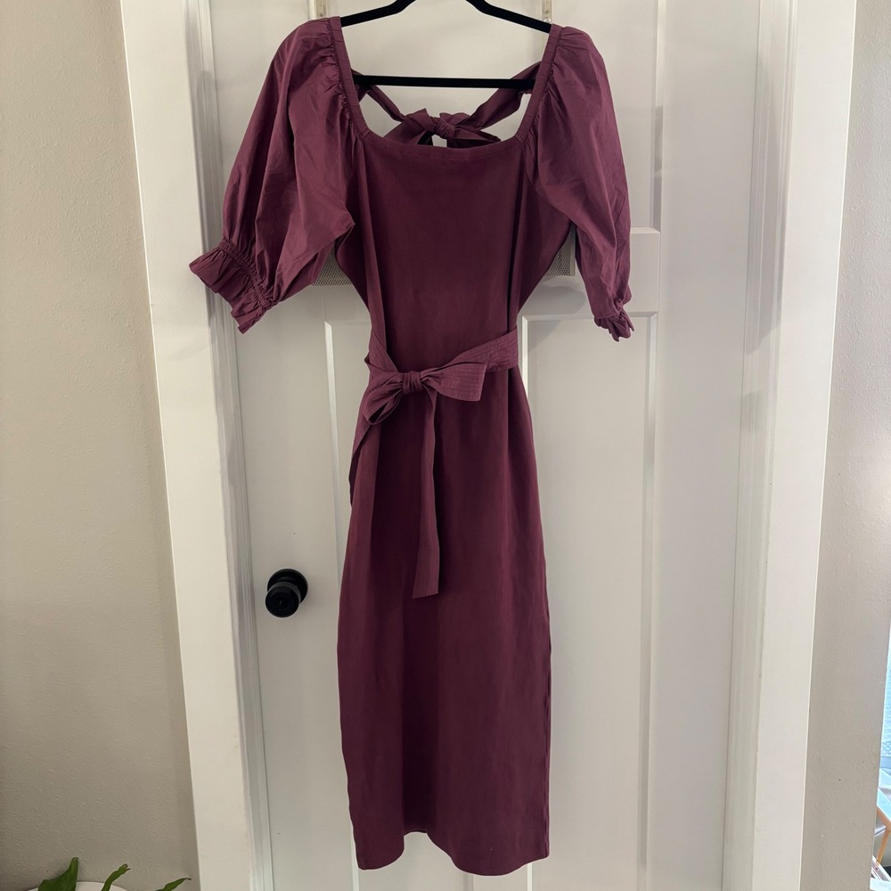 Cleobella Dress Small Square Neck Midi Belted Ribbed knit w‎ puff sleeve boho
